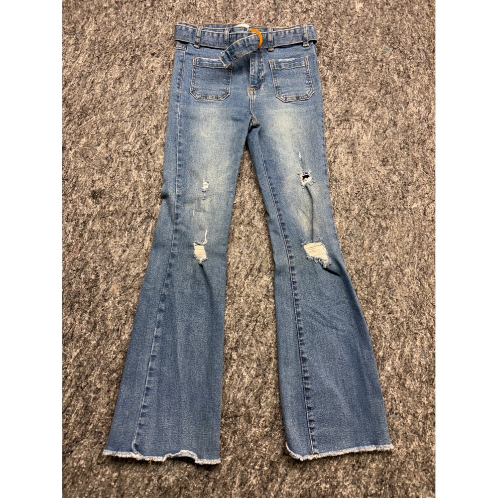 Jessica Simpson Sydney Flare Jeans Girls 12 Distressed Belted Denim Medium Wash